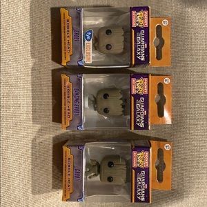 Three Groot Funko POP keychains